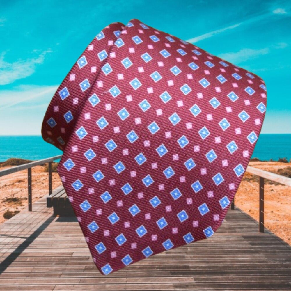 $395 Kiton Napoli Blue Aqua Wine red Pink Geometric Italy silk neck tie XL Long
